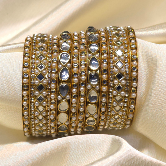 Gold-Toned Kundan Bangles with Pearl Detailing