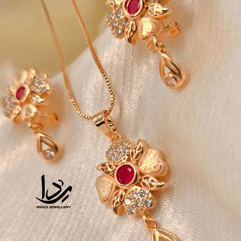 Floral Ruby Pendant Set